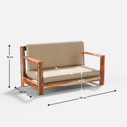 Wooden sofa with beige cushions on a white background