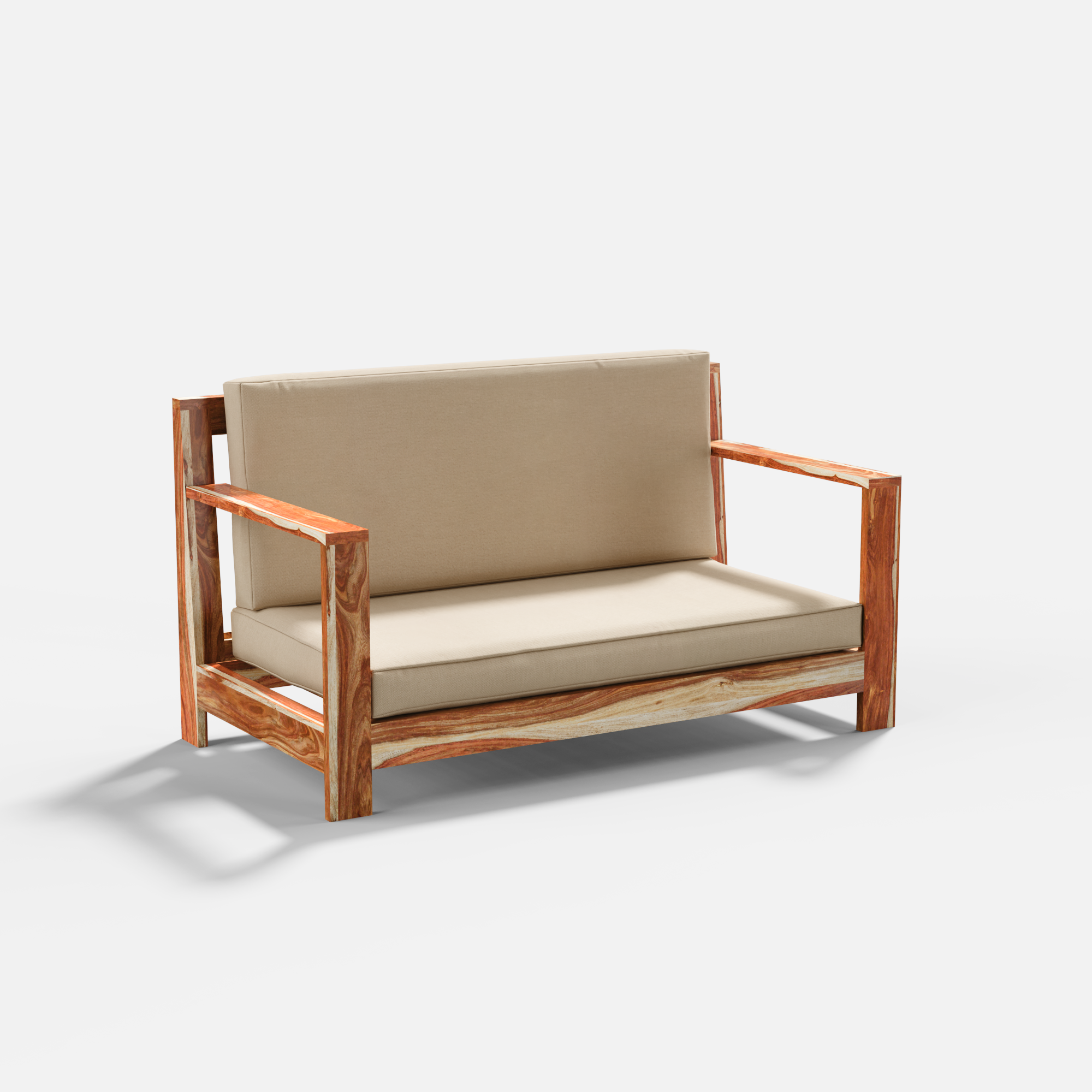 Wooden sofa with beige cushions on a white background