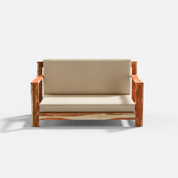 Wooden sofa with beige cushions on a white background