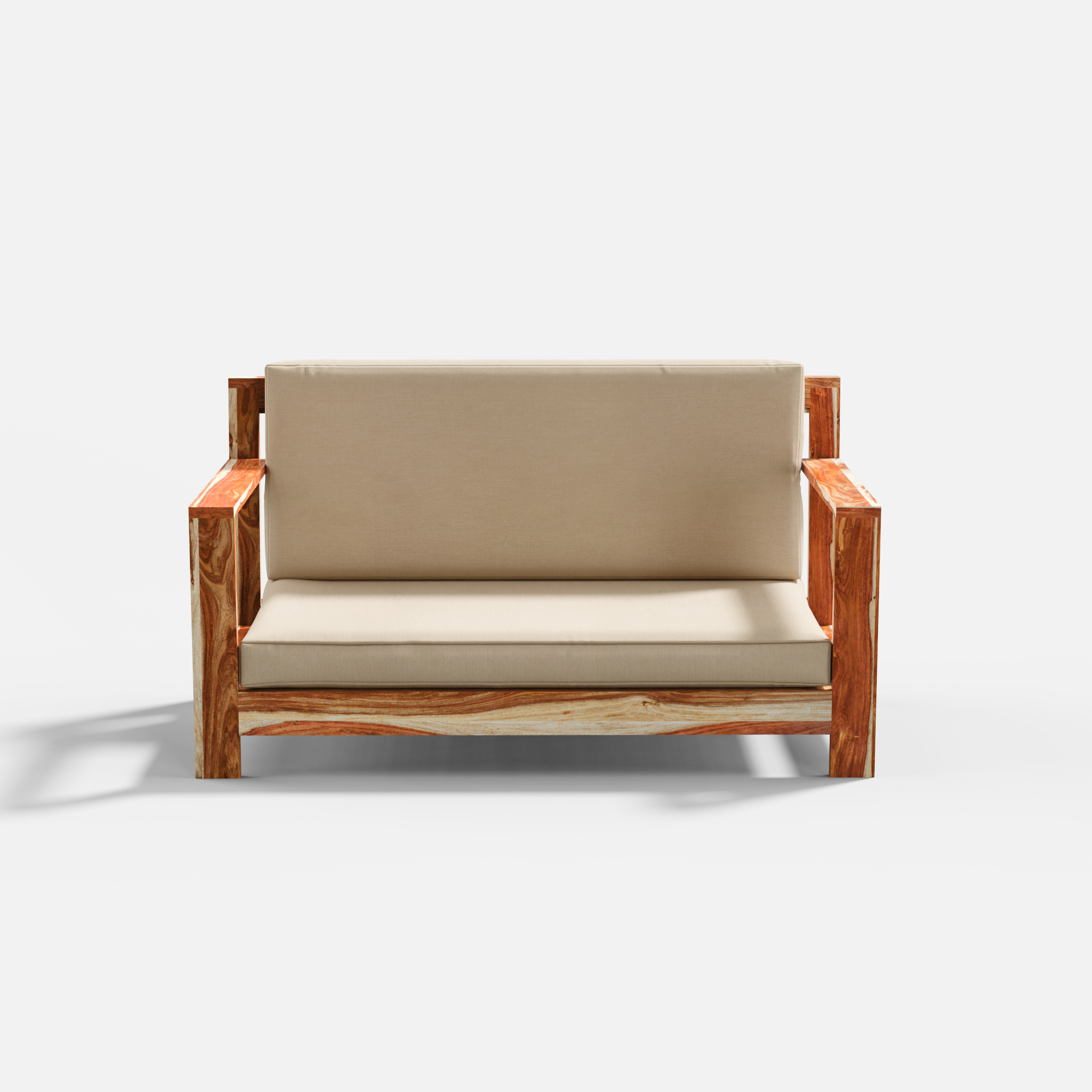 Wooden sofa with beige cushions on a white background