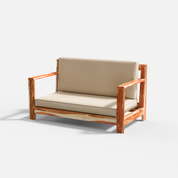 Wooden sofa with beige cushions on a white background