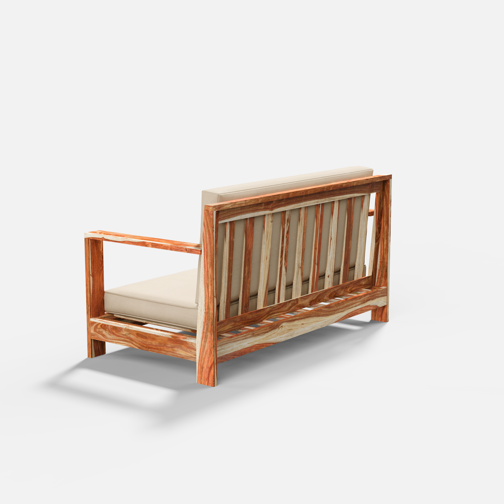 Wooden sofa with beige cushions on a white background