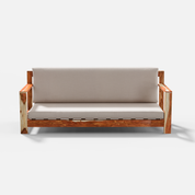Wooden sofa with beige cushion on a white background