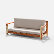 Wooden sofa with beige cushions on a white background