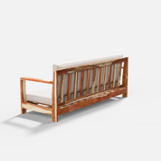 Wooden bench with white cushion on a white background