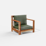 Wooden 1 Seater Sofa with green cushions on a white background