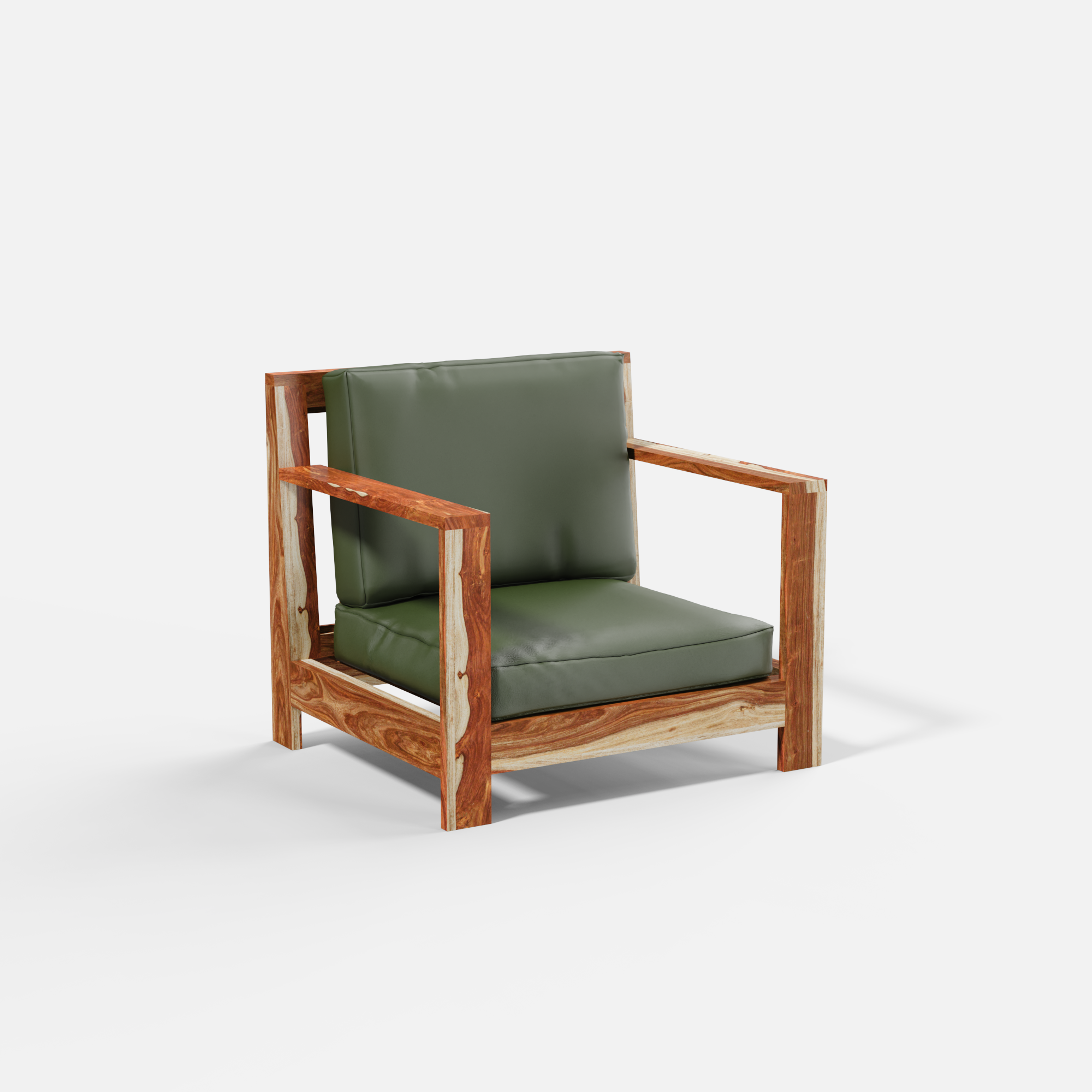 Wooden 1 Seater Sofa with green cushions on a white background