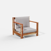 Wooden 1 Seater Sofa with grey cushions on a white background