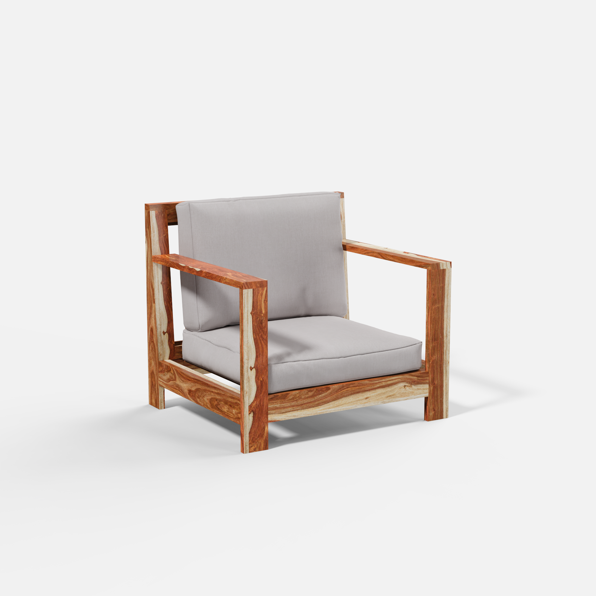 Wooden 1 Seater Sofa with grey cushions on a white background