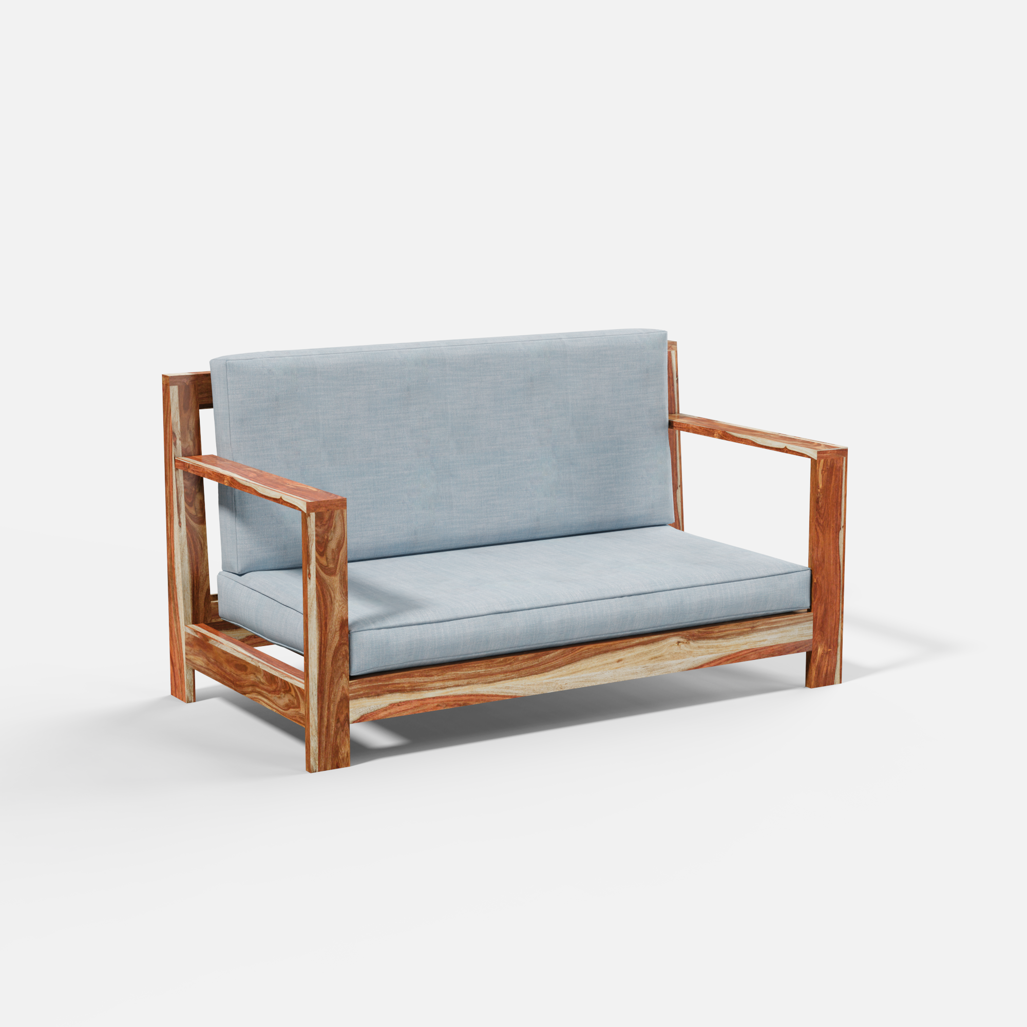 Wooden sofa with light gray cushions on a white background