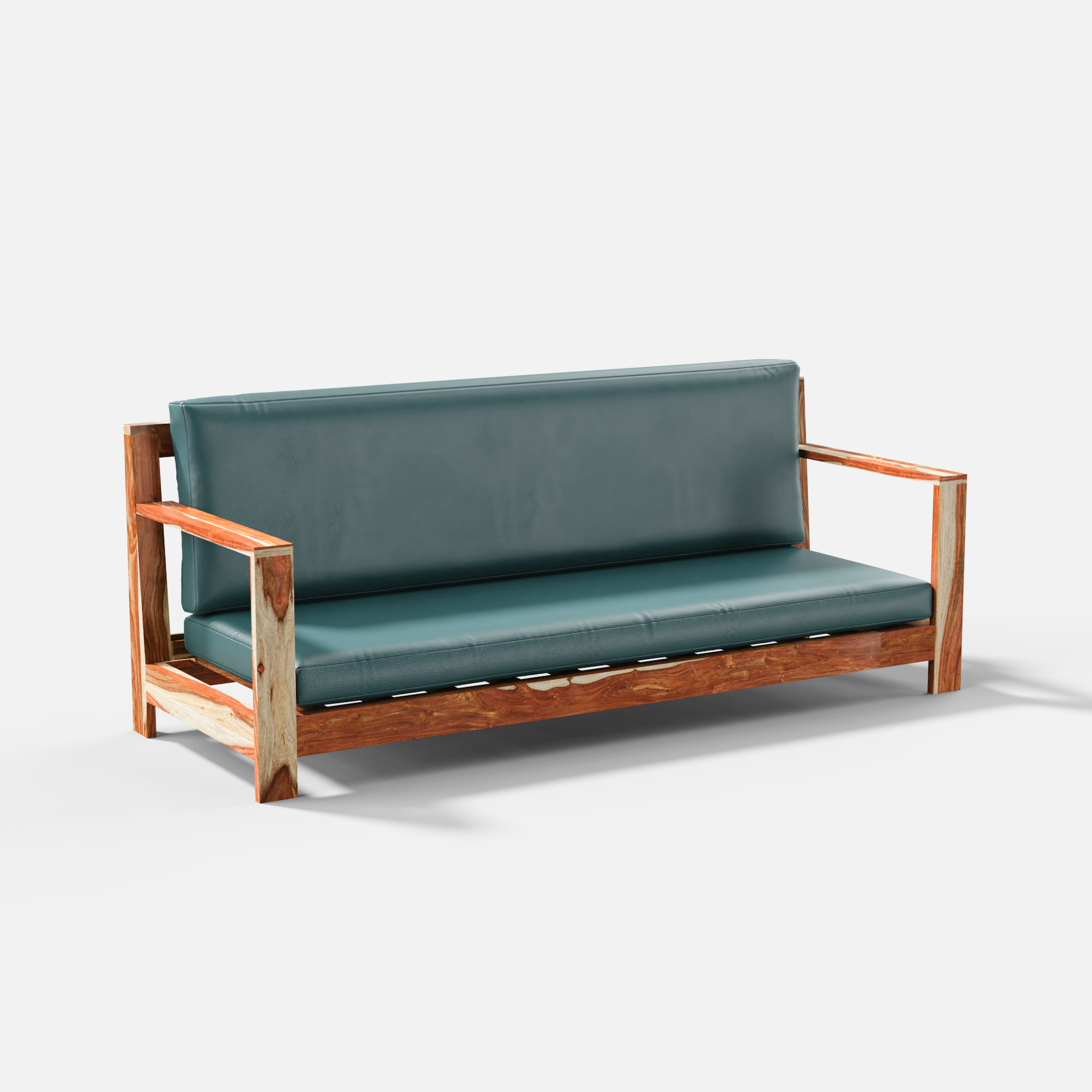 Sofa with teal cushion and wooden frame on a white background