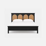 Fresno Black Wood Bed with Rattan Panel Headboard