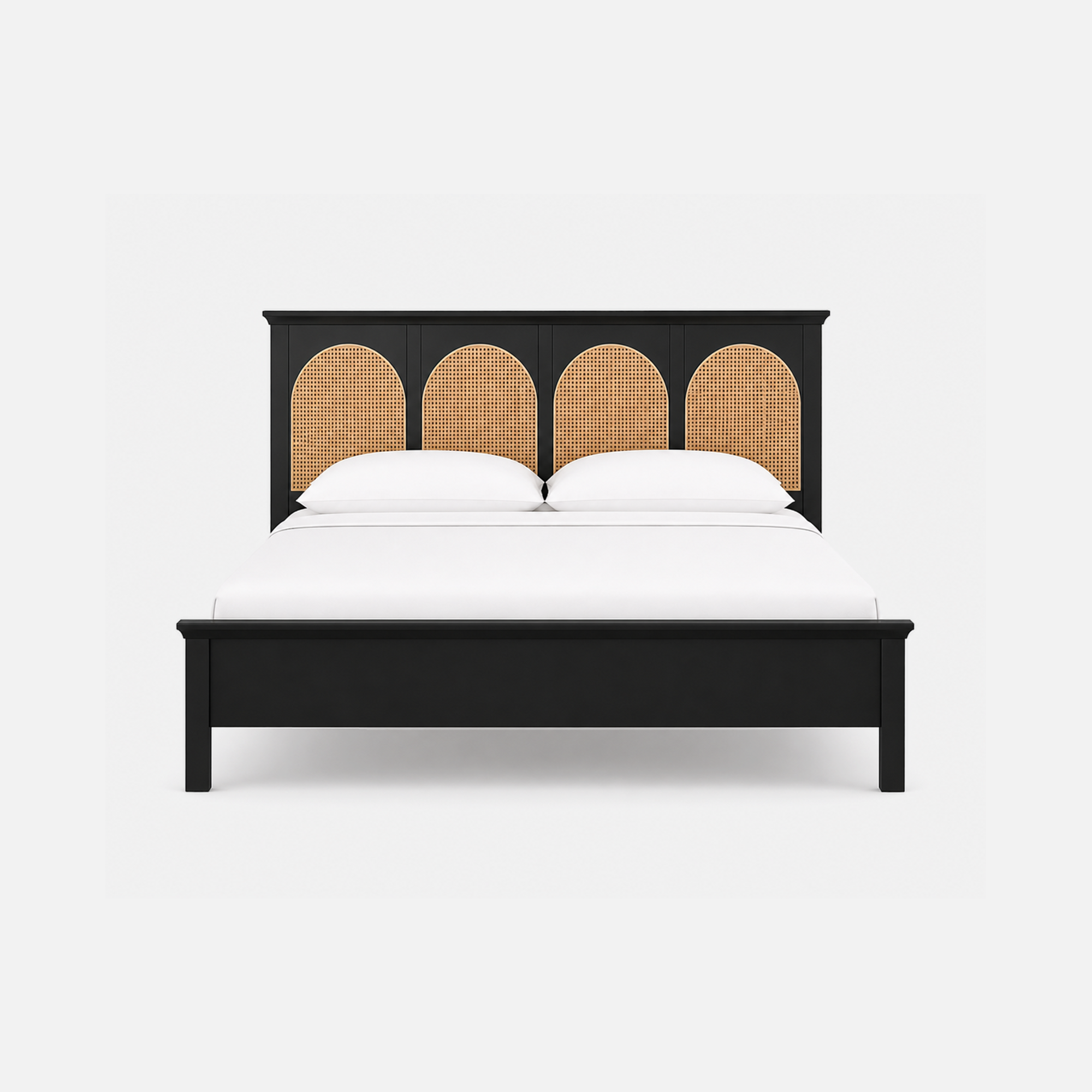 Fresno Black Wood Bed with Rattan Panel Headboard
