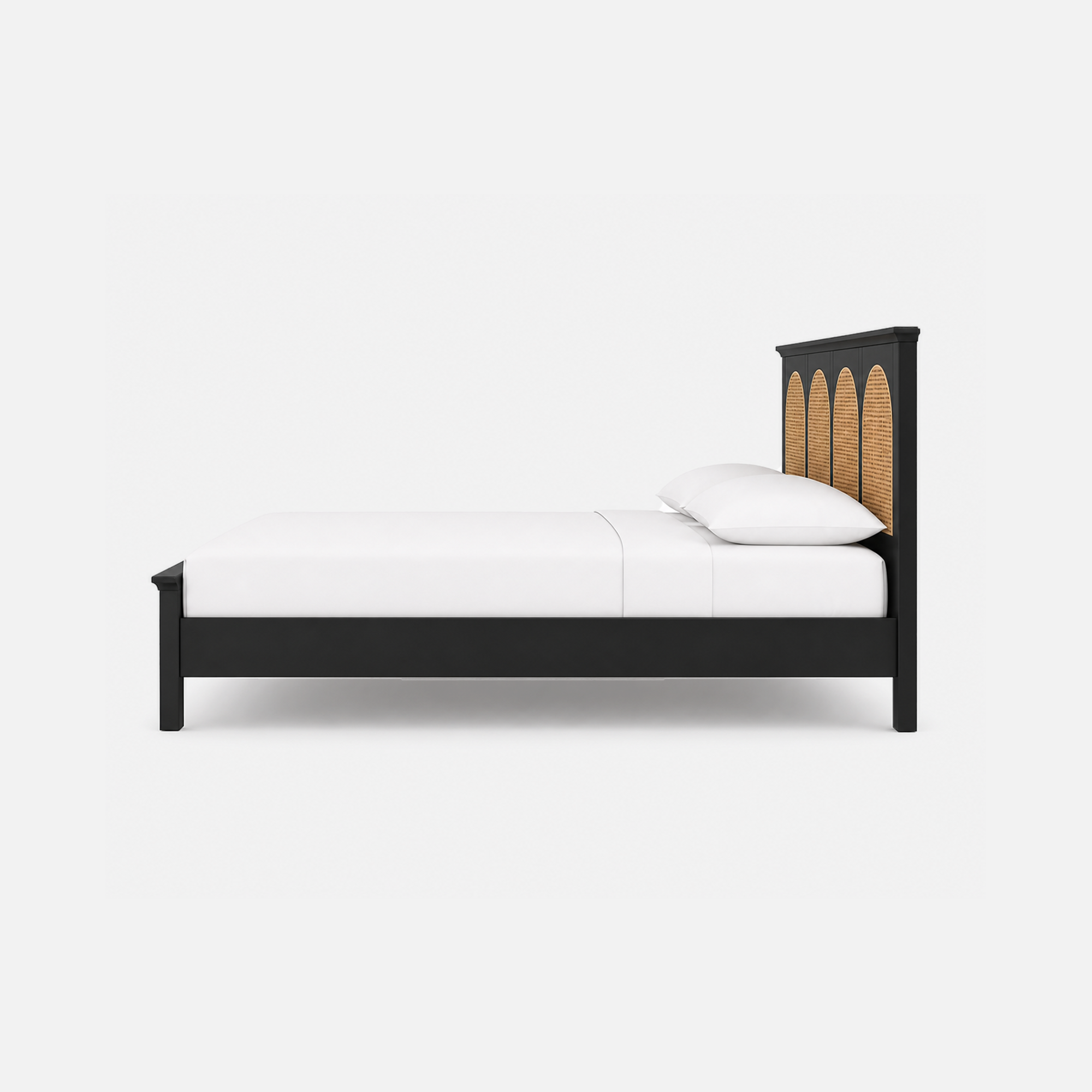 Fresno Black Wood Bed with Rattan Panel Headboard