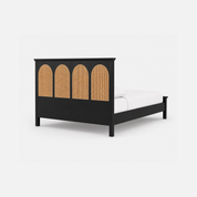 Fresno Black Wood Bed with Rattan Panel Headboard