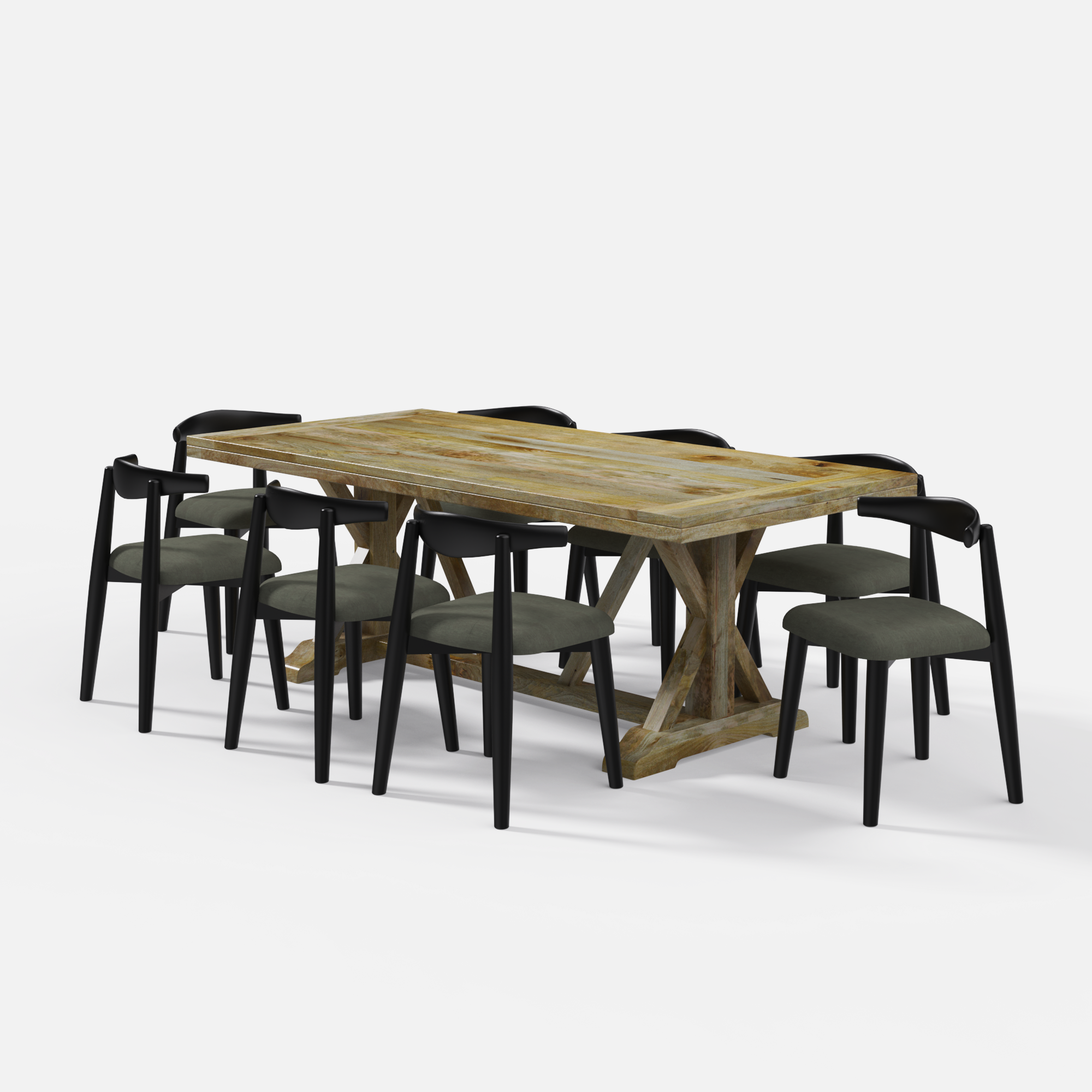Gable-Arendt Dining Table Set - 8 Seater - Table (210 cm x 100 cm x 76 cm) + 8 Arendt Chairs - Mango Table + Sheesham Seating