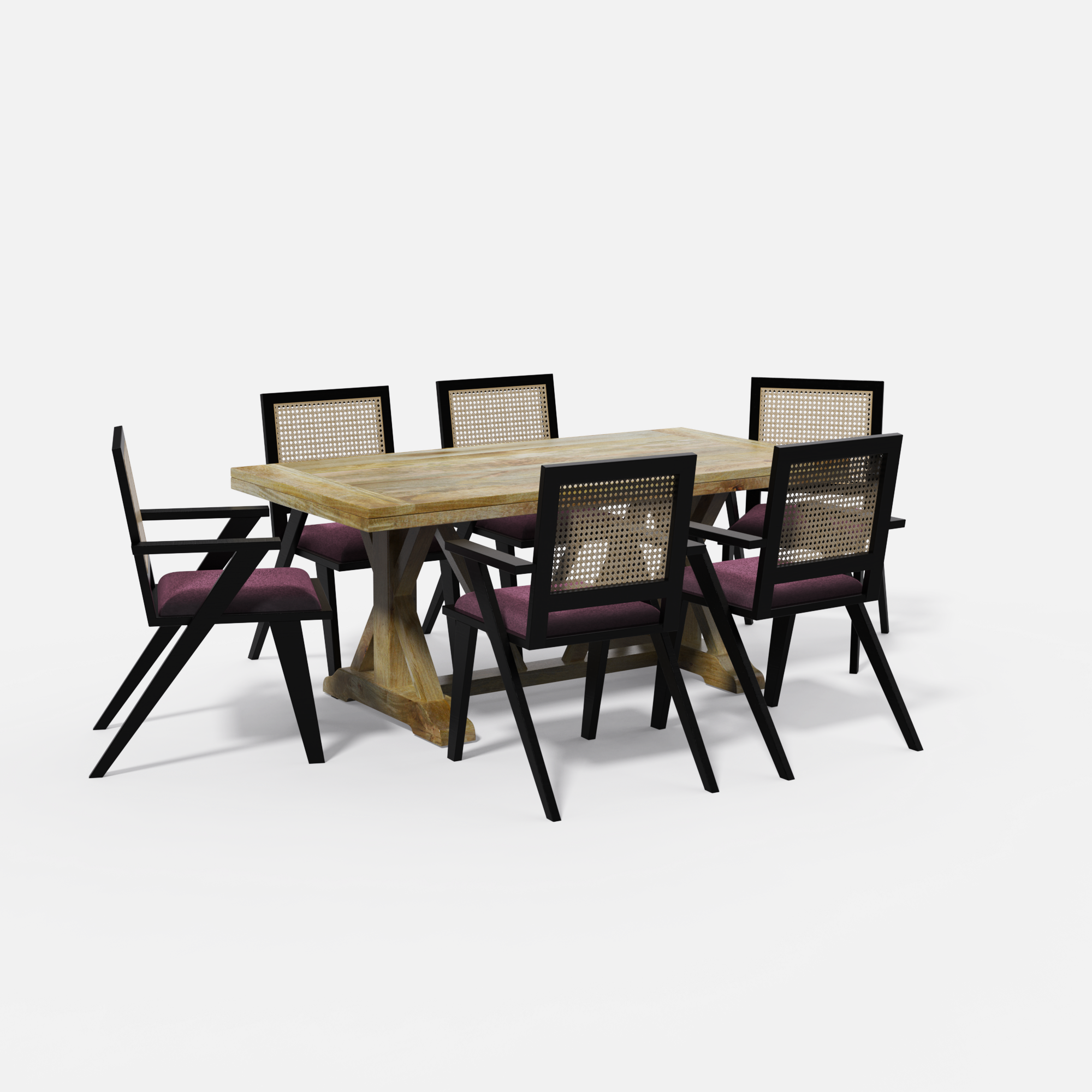 Gable-Flora Dining Table Set - Large 6 Seater - Table (175 cm x 90 cm x 76 cm) + 6 Flora Chairs - Mango Table + Sheesham Seating