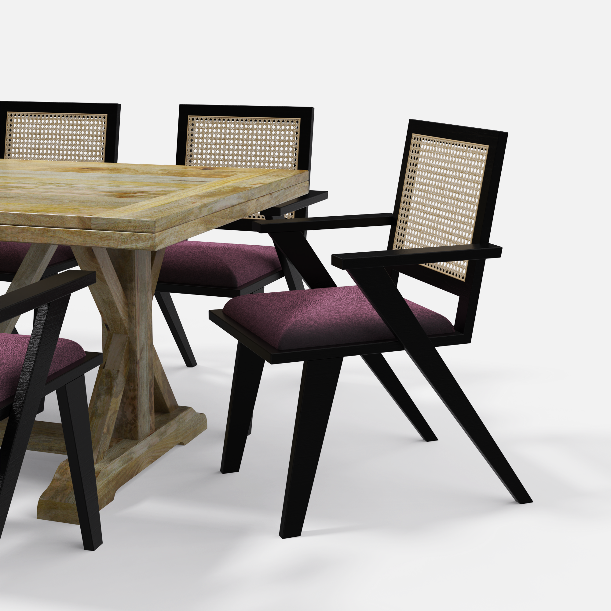 Gable-Flora Dining Table Set - Large 6 Seater - Table (175 cm x 90 cm x 76 cm) + 6 Flora Chairs - Mango Table + Sheesham Seating