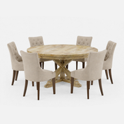 Gable Luxury Round Dining Table Set - 6 Seater - Table (150 cm Dia x 76 cm) + 6 Espana Chairs - Mango Table + Sheesham Seating