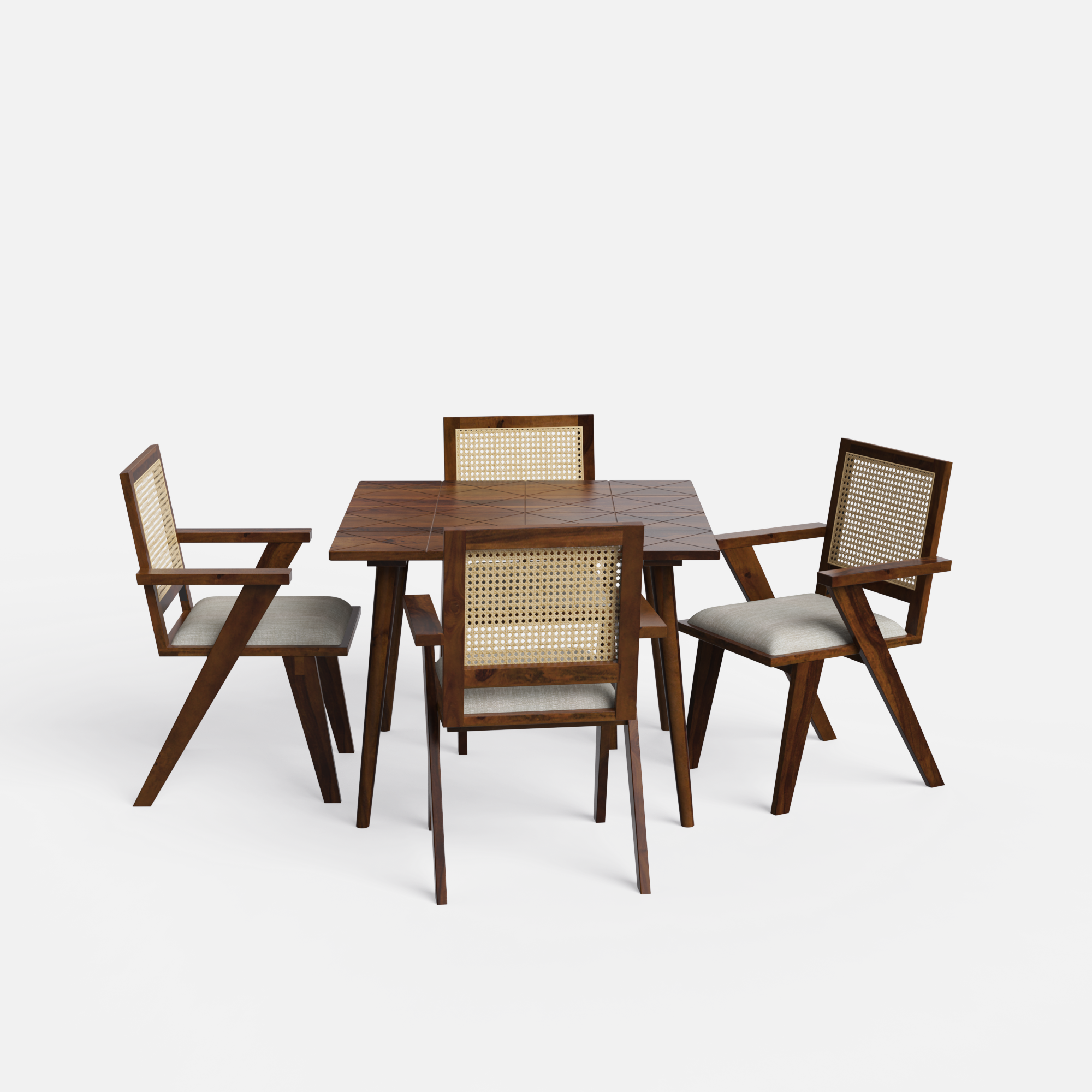 Helena-Flora Walnut Dining Table Set - 4 Seater - Table (100 cm x 100 cm x 76 cm) + 4 Flora Chairs - Sheesham