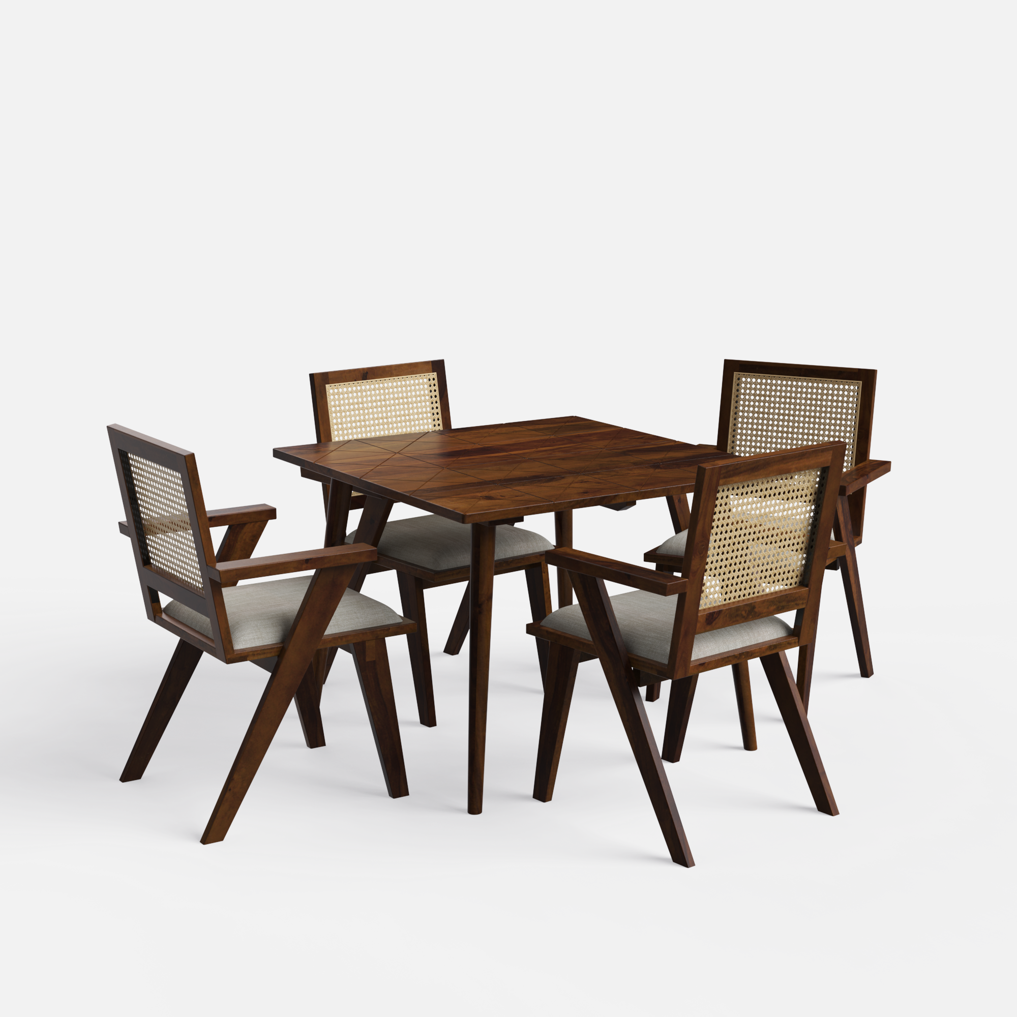Helena-Flora Walnut Dining Table Set - 4 Seater - Table (100 cm x 100 cm x 76 cm) + 4 Flora Chairs - Sheesham