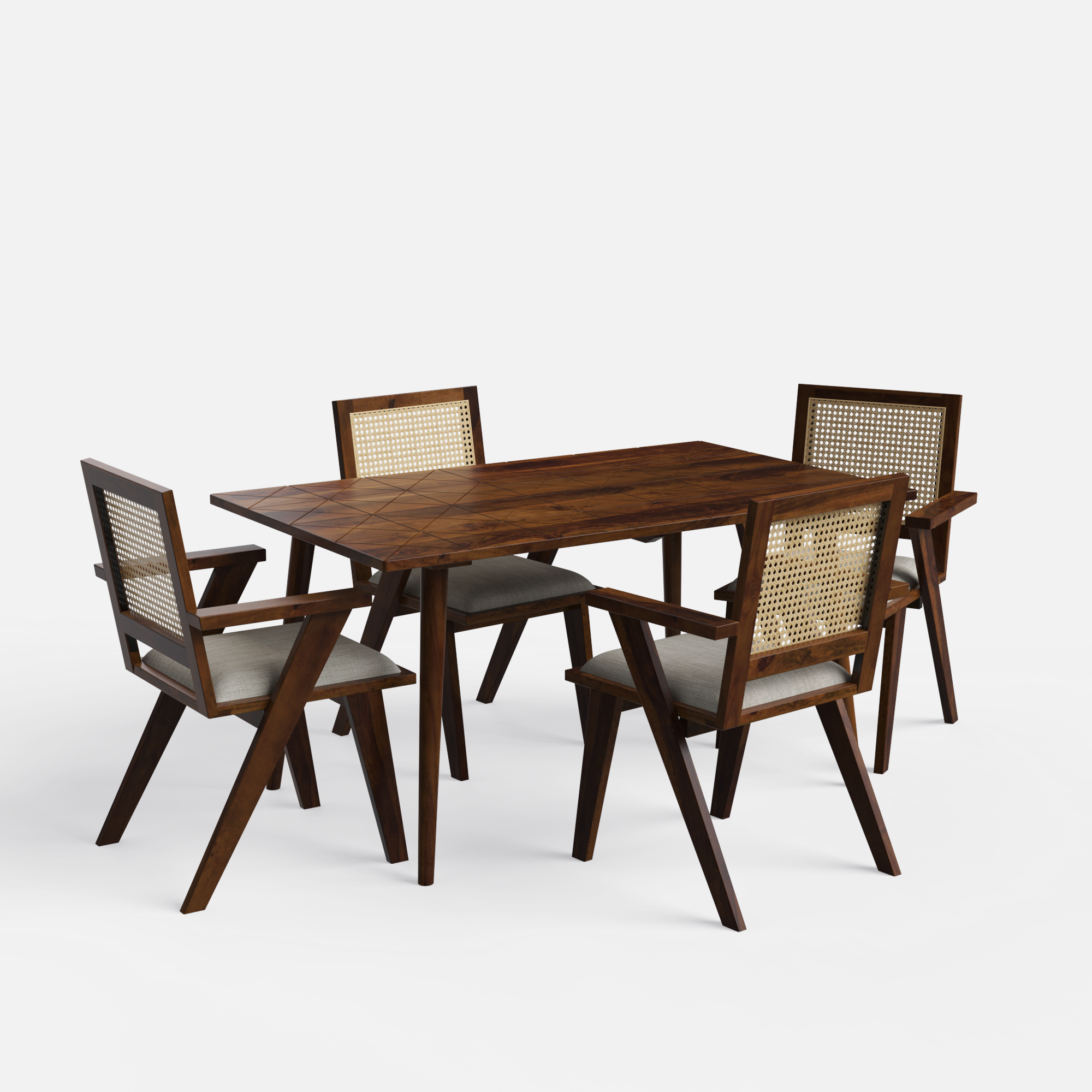 Helena-Flora Walnut Dining Table Set - 4 Seater - Table (150 cm x 90 cm x 76 cm) + 4 Flora Chairs - Sheesham