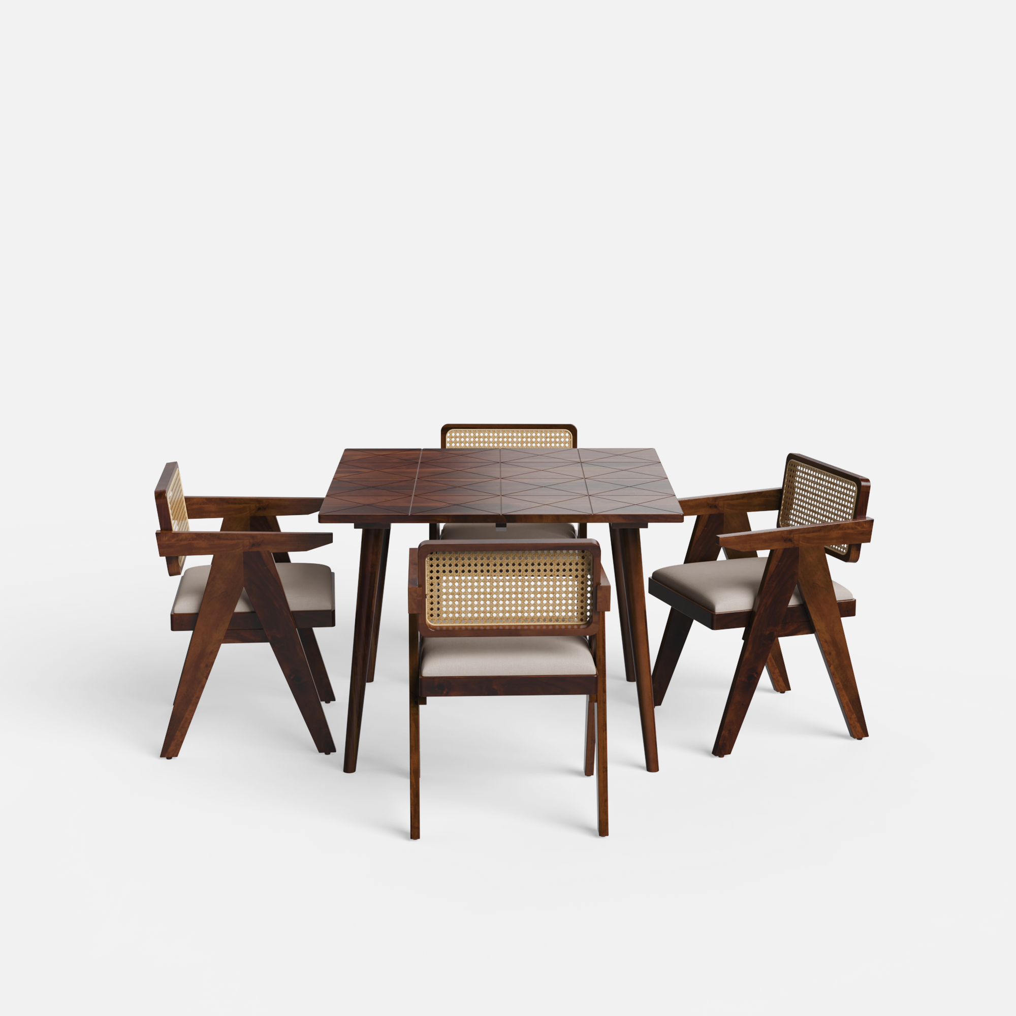 Helena-Pierre Provincial Teak Dining Table Set - 4 Seater - Table (100 cm x 100 cm x 76 cm) + 4 Pierre Chairs - Sheesham
