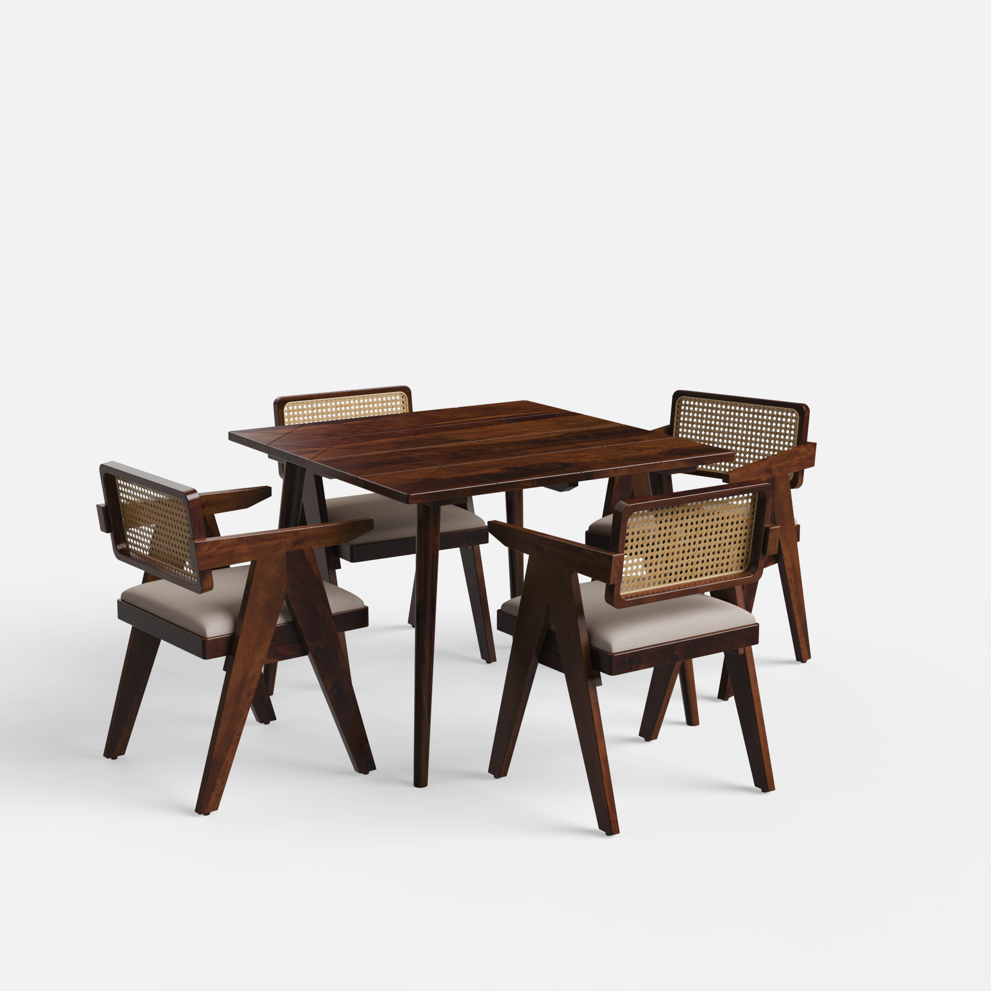 Helena-Pierre Provincial Teak Dining Table Set - 4 Seater - Table (100 cm x 100 cm x 76 cm) + 4 Pierre Chairs - Sheesham