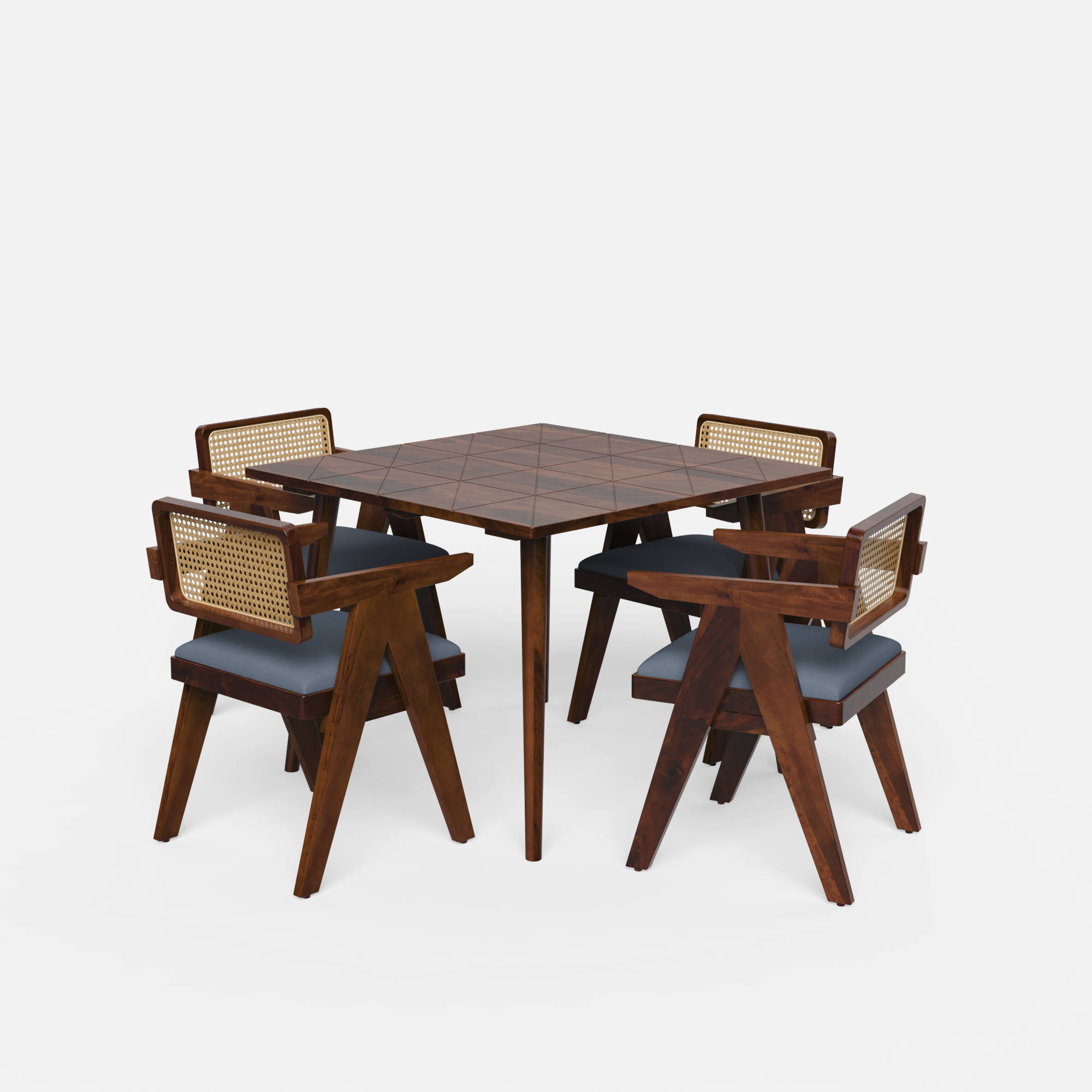 Helena-Pierre Provincial Teak Dining Table Set - 4 Seater - Table (100 cm x 100 cm x 76 cm) + 4 Pierre Chairs - Sheesham
