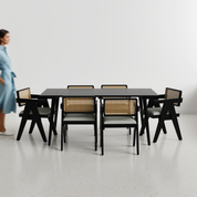 Helena-Pierre Black Dining Table Set - Large 6 Seater - Table (175 cm x 90 cm x 76 cm) + 6 Pierre Chairs - Sheesham