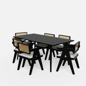 Helena-Pierre Black Dining Table Set - Large 6 Seater - Table (175 cm x 90 cm x 76 cm) + 6 Pierre Chairs - Sheesham