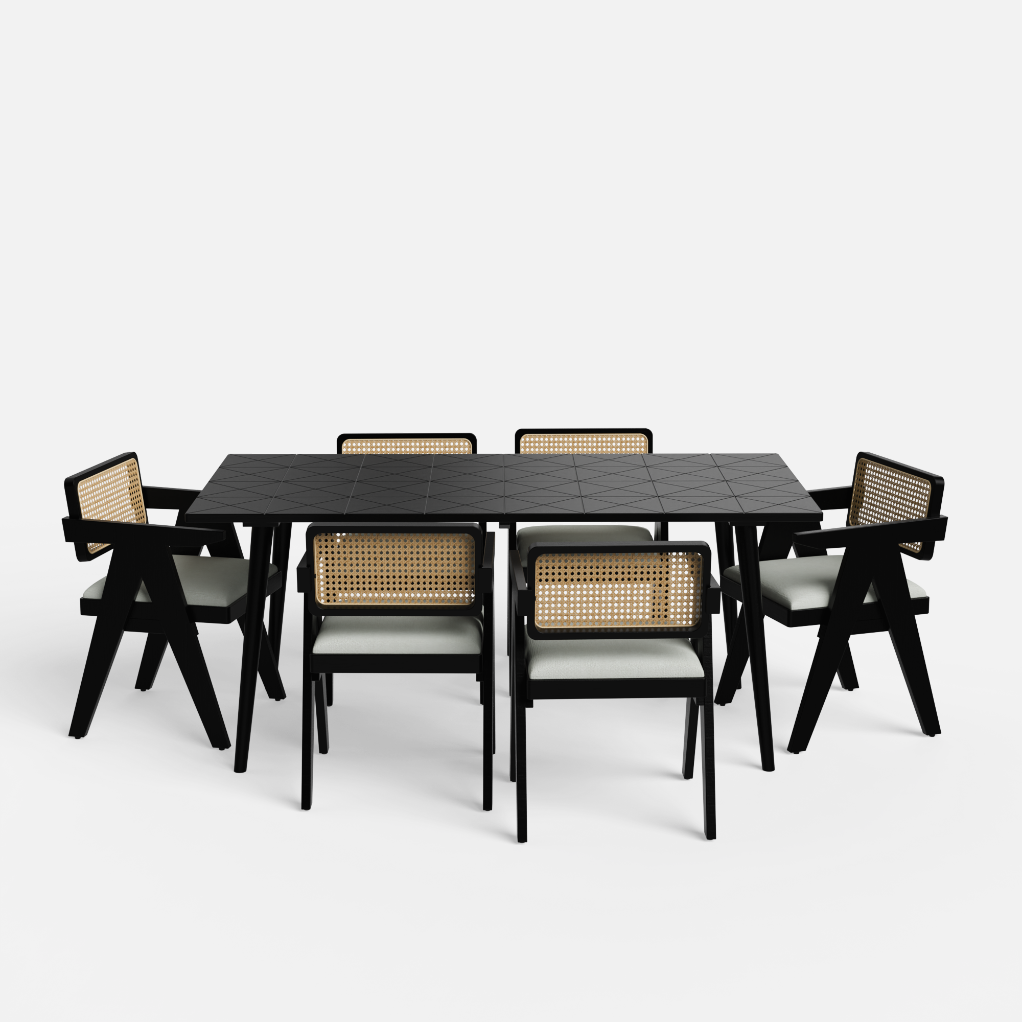 Helena-Pierre Black Dining Table Set - Large 6 Seater - Table (175 cm x 90 cm x 76 cm) + 6 Pierre Chairs - Sheesham
