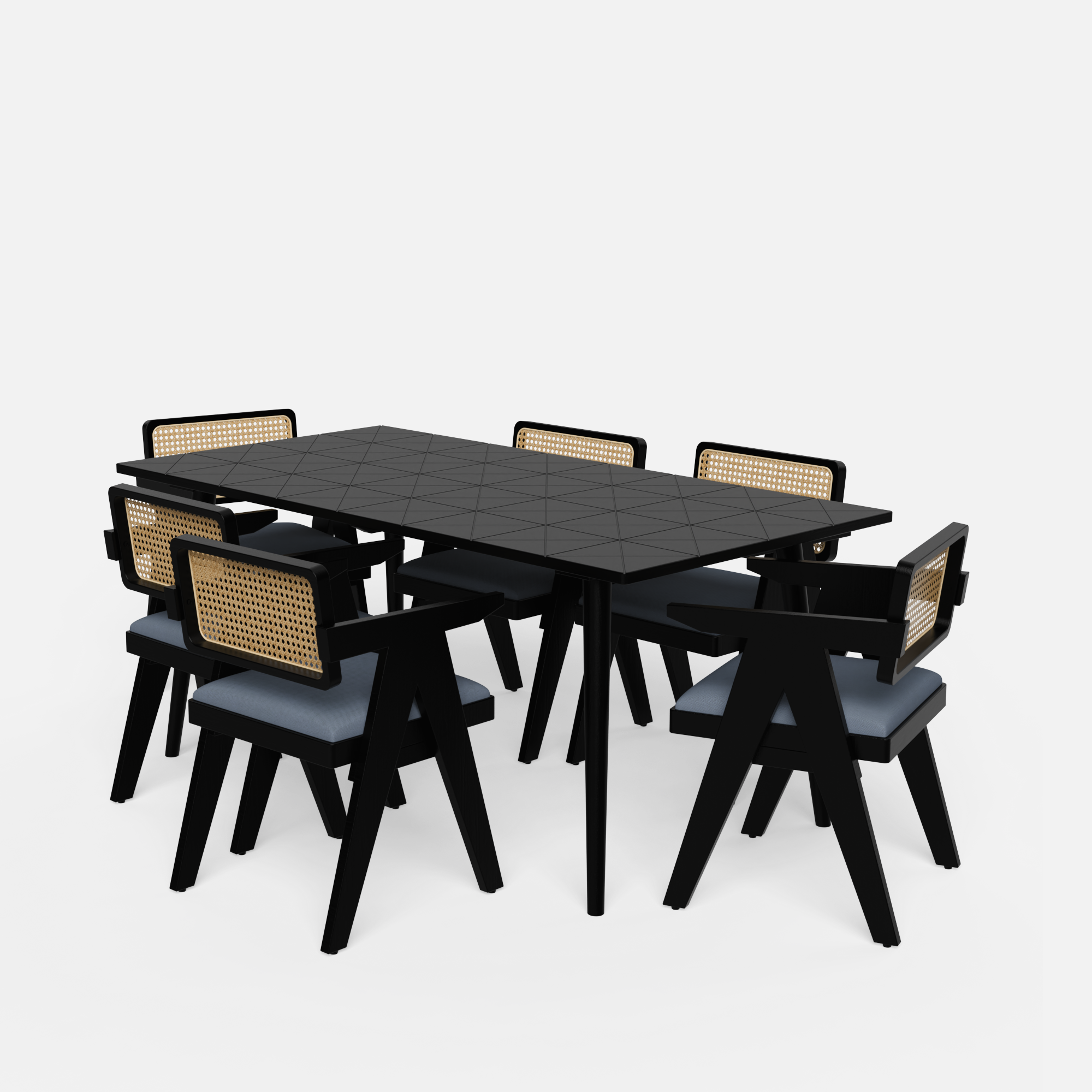 Helena-Pierre Black Dining Table Set - Large 6 Seater - Table (175 cm x 90 cm x 76 cm) + 6 Pierre Chairs - Sheesham