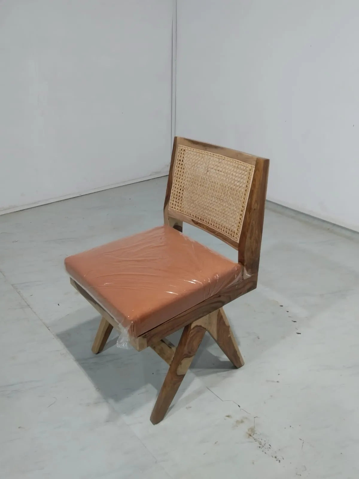 Jean Upholstered Chair • Natural Polish on Sheesham Wood • Cider Orange (Soft Velvet Touch Fabric)