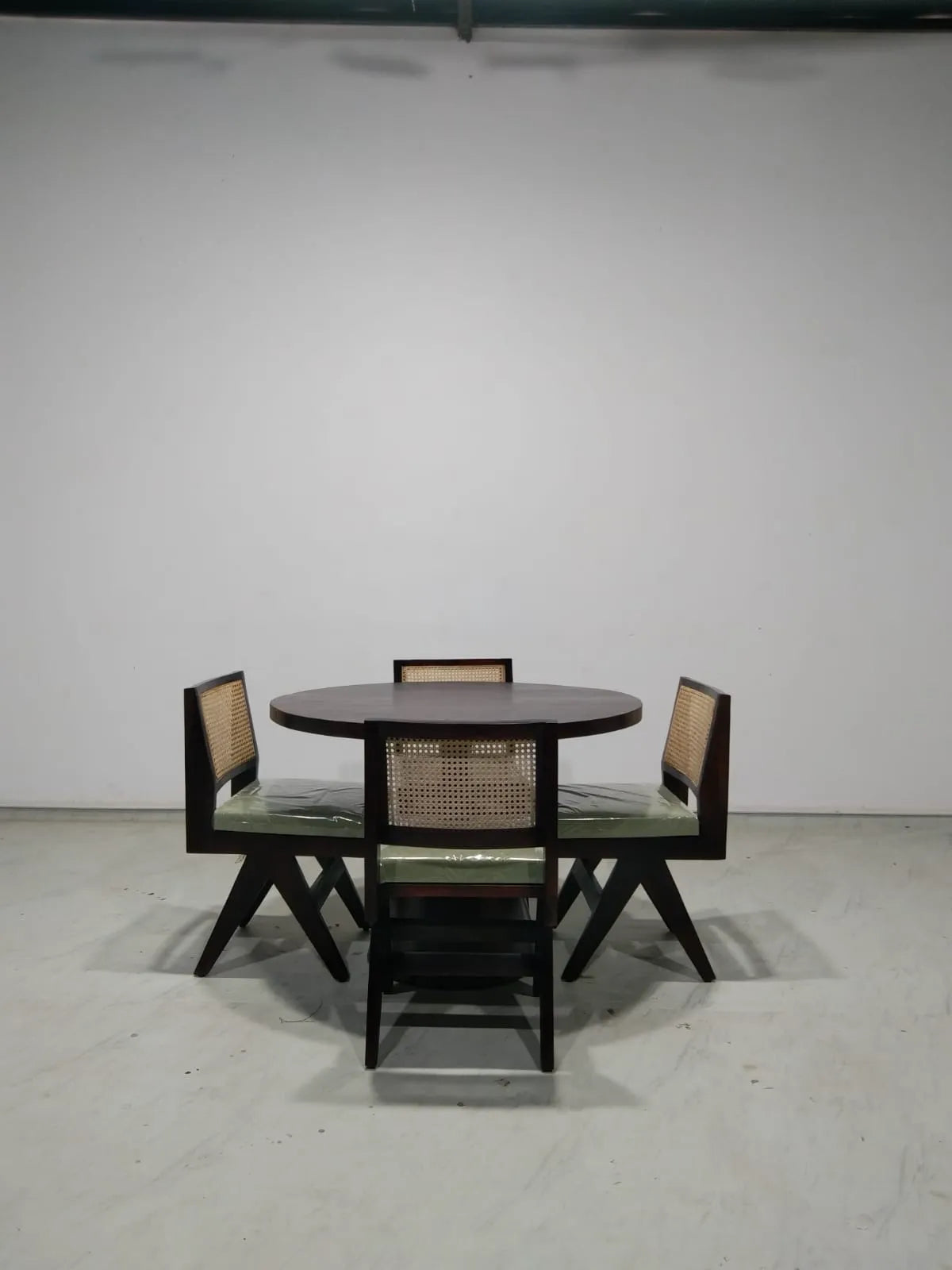 Yukon-Jean Dining Table Set - 4 Seater - Table (110 cm Dia x 76 cm) Custom + 4 Jean Chairs - Sheesham • Walnut Polish on Sheesham Wood • Pistachio Green (Cotton Blend Fabric)