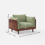 Green 1 Seater sofa with wooden frame and dimensions marked on a white background