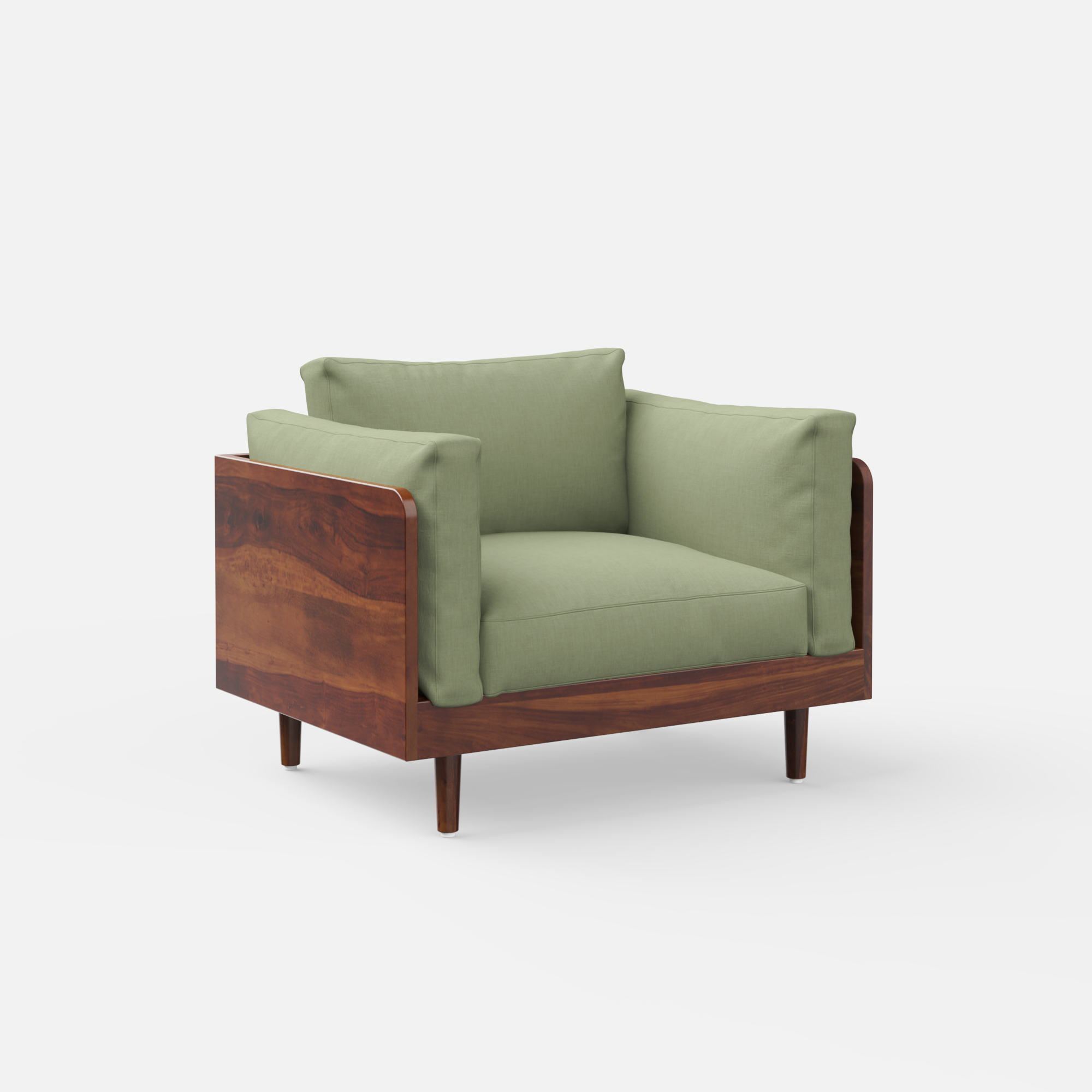 Green 1 Seater Sofa with wooden frame on a white background