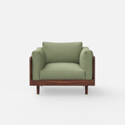 Green 1 Seater sofa with wooden frame on a white background
