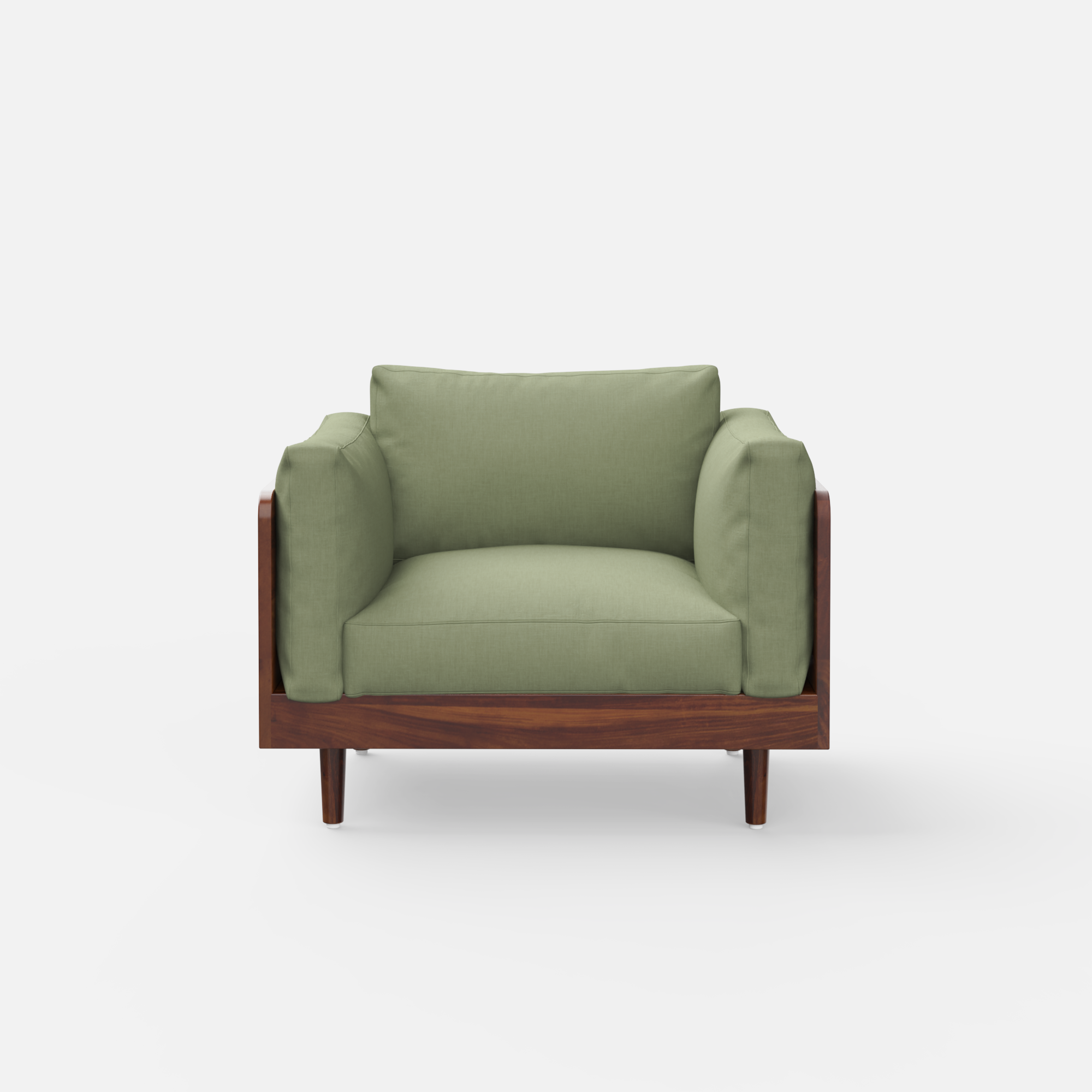 Green 1 Seater sofa with wooden frame on a white background