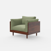 Green 1 Seater sofa with wooden frame on a white background
