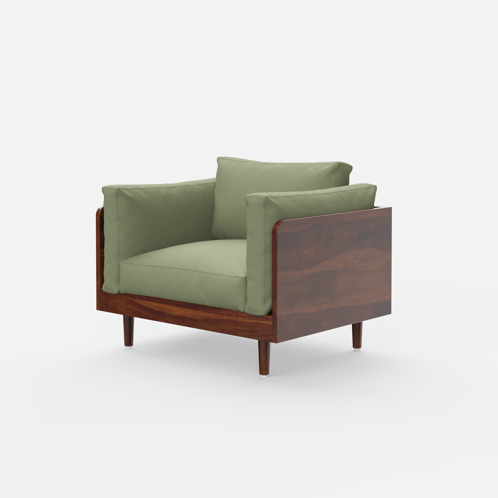 Green 1 Seater sofa with wooden frame on a white background
