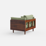 Green 1 Seater sofa with wooden frame on a white background
