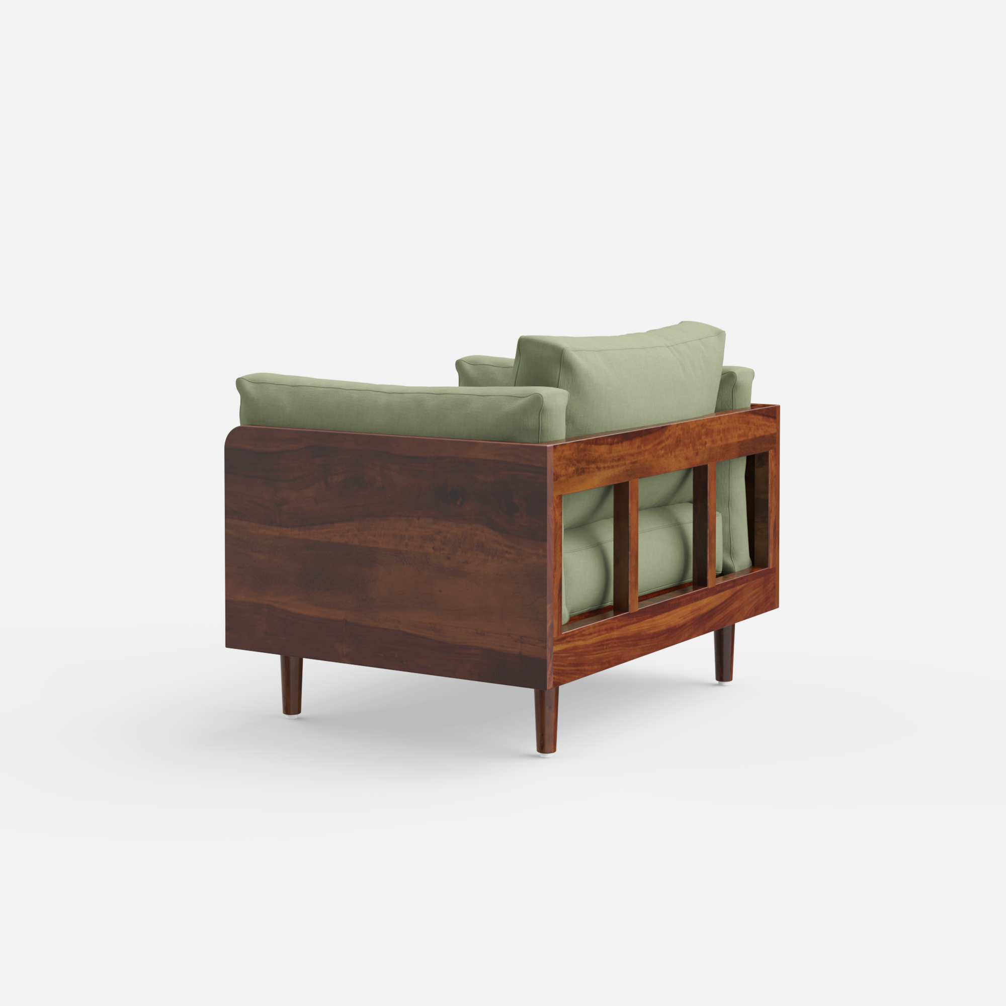 Green 1 Seater sofa with wooden frame on a white background
