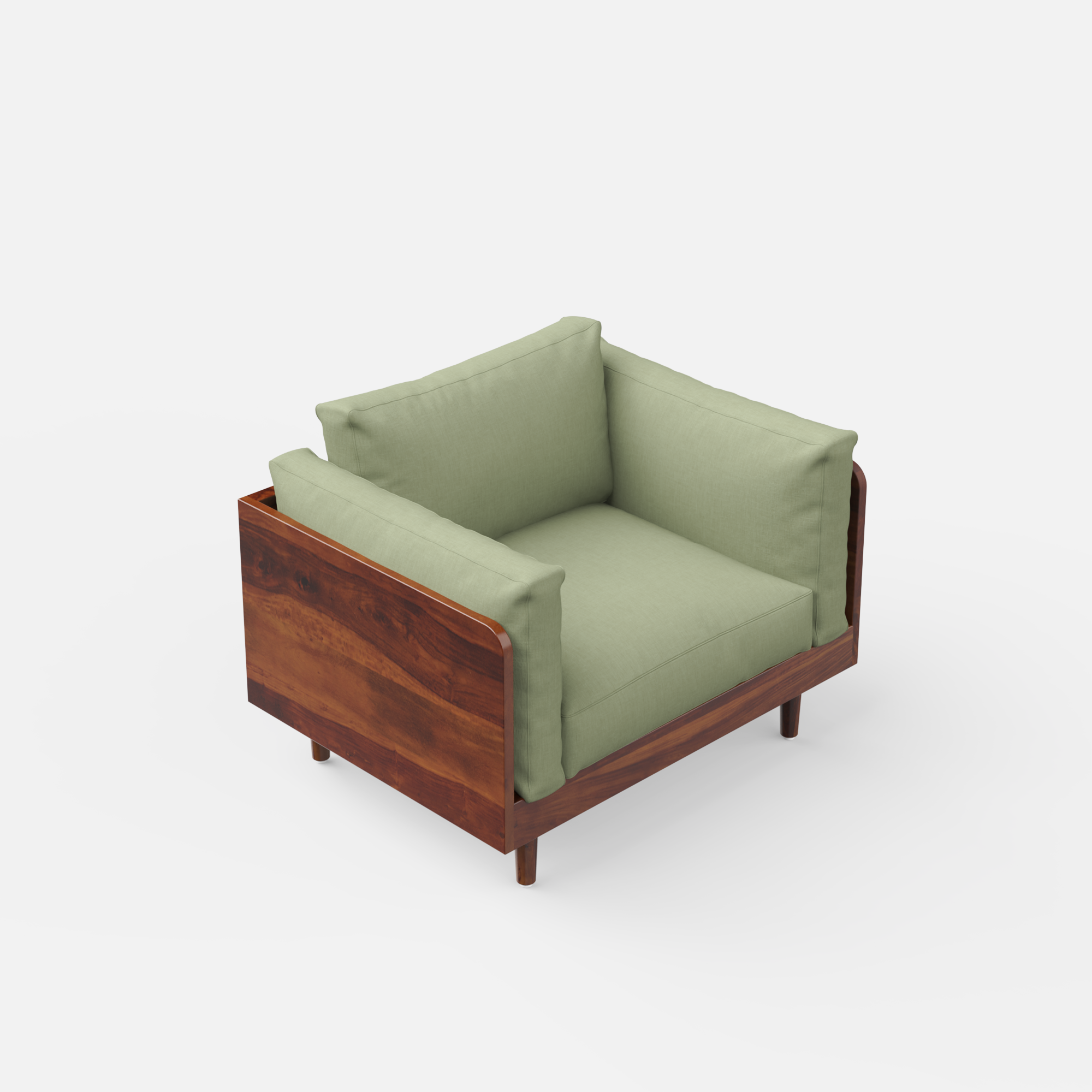 Green 1 Seater sofa with wooden frame on a white background