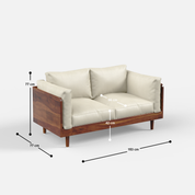 Wooden sofa with beige cushions and dimensions marked on a white background