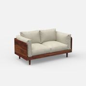 Sofa with wooden frame and beige cushions on a white background