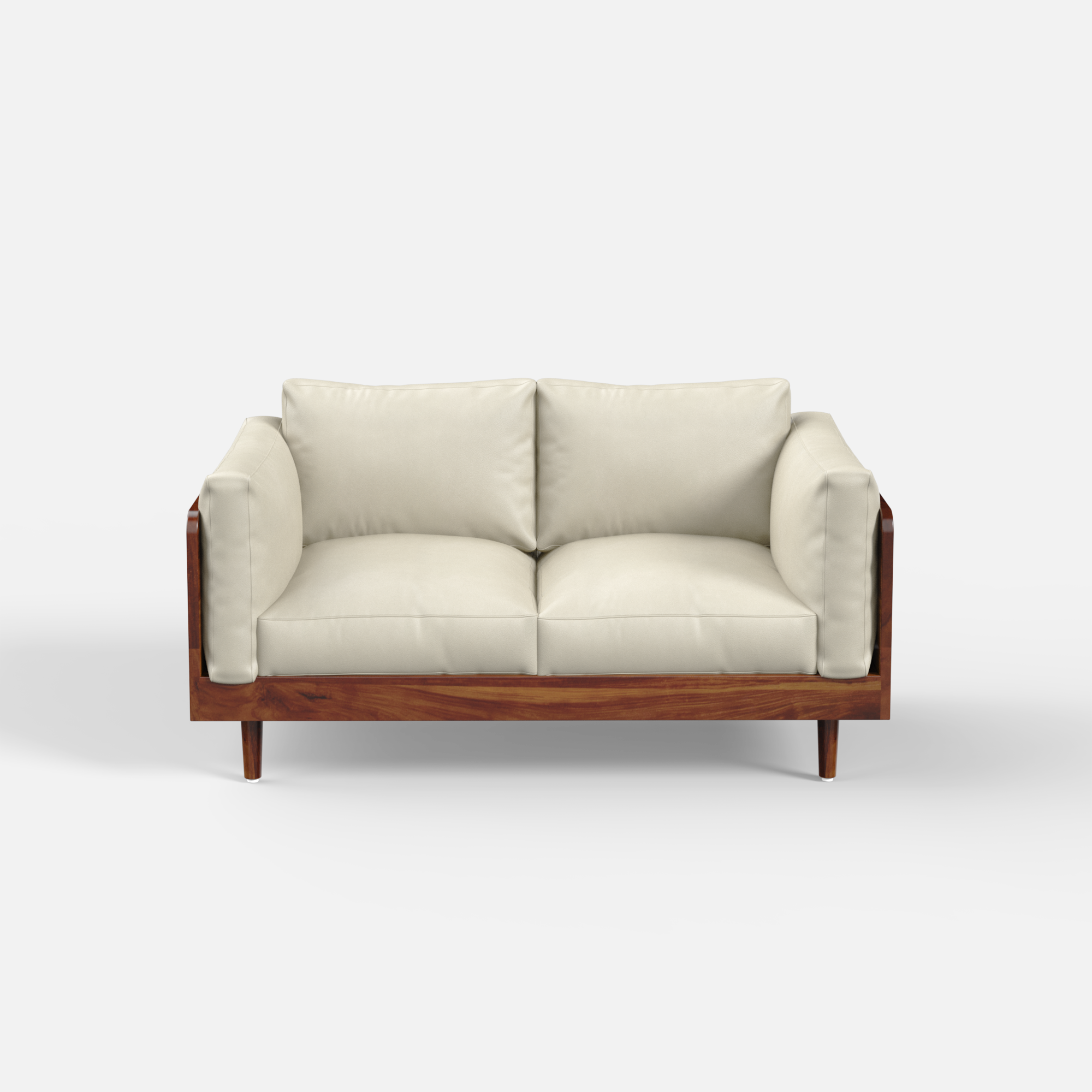 Sofa with wooden frame and beige cushions on a white background