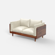 Sofa with wooden frame and white cushions on a white background