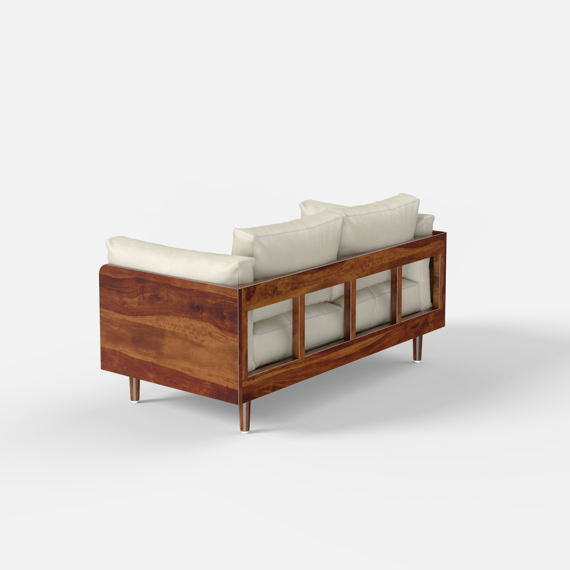 Sofa with wooden frame and beige cushions on a white background