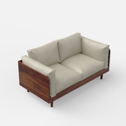 Two-seater sofa with wooden frame and beige cushions on a white background